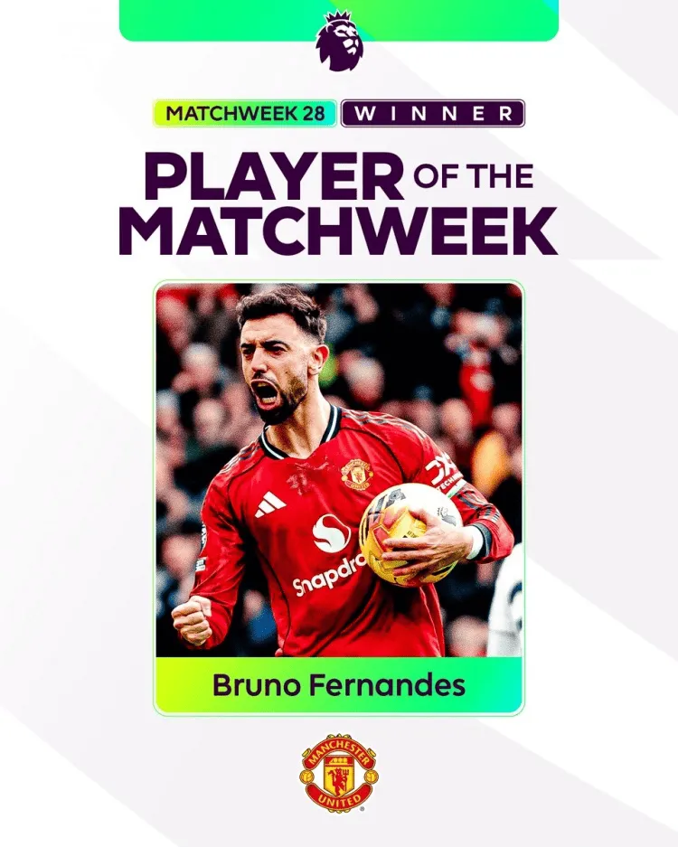 半岛体育APP-官方：B费当选英超第28轮最佳球员，本赛季已经第四次获奖